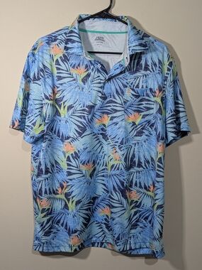 IZOD Saltwater Tropical Print Polo Shirt Blue Floral Relaxed Fit Size Large